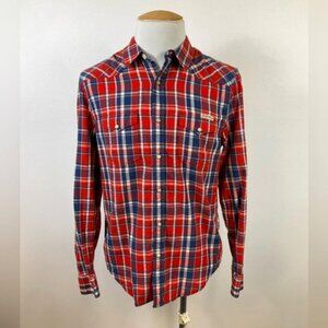 LUCKY BRAND Men's Red Plaid Pearl Snaps Shirt, size Medium